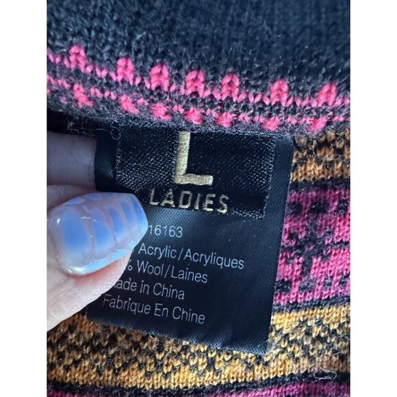 VTG Obermeyer Woman's Sz L Full Zip Black Pink Yellow Fair Isle Cardigan Sweater - Picture 5 of 11